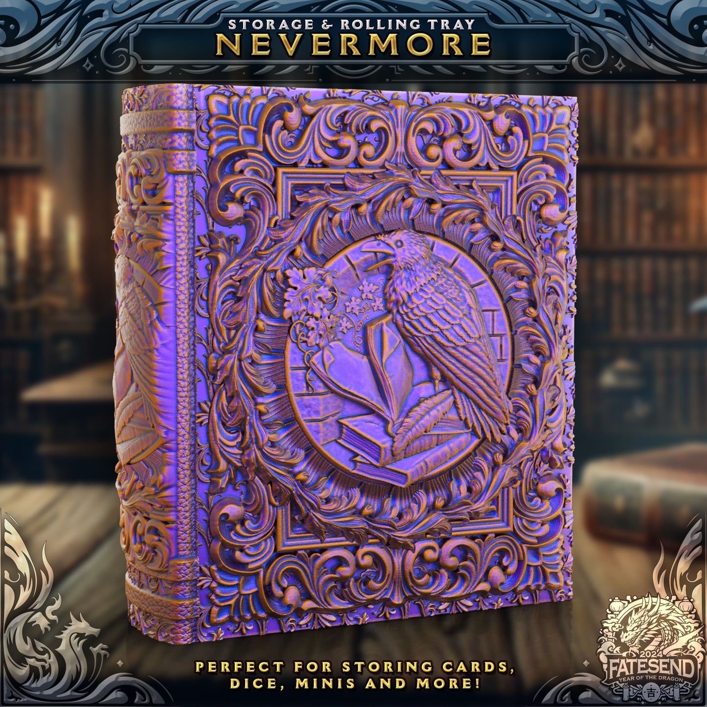 Raven Tome – 3D Printed Spellbook Dice Vault & Card Deck Holder
