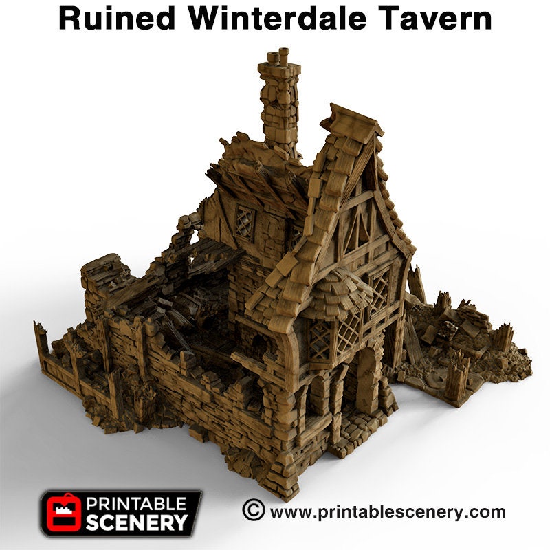 Ruined Winterdale Tavern village terrain building by Printable Scenery